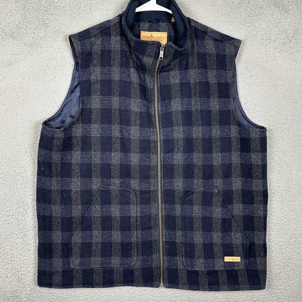Powder River Vest Mens 2XL Plaid Navy Blue Wool Blend Full Zip Panhandle EUC